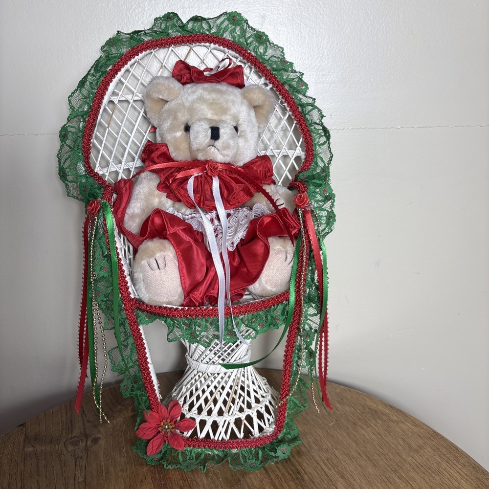 Vintage Red & Green Ribbon Teddy Bear in Wicker Peacock Chair 12 inches Tall